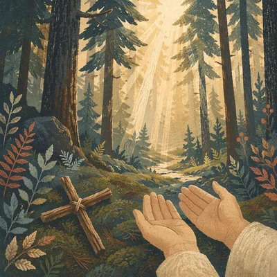 Prayer Hands Beneath Evergreen Sunbeams