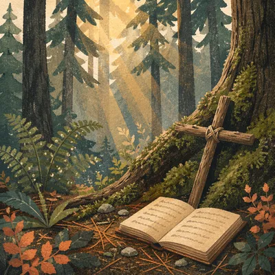 Morning Sunlight Through Evergreen Prayer Forest
