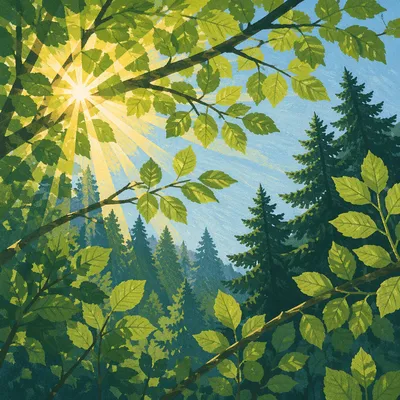 Morning Sunlight Through Evergreen Forest Canopy