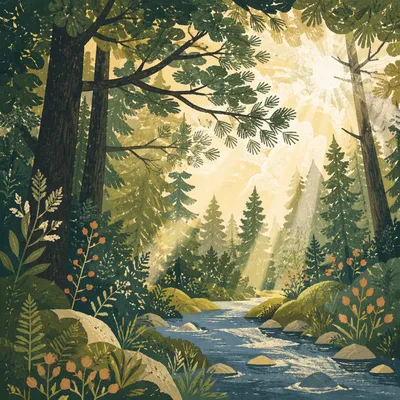 Sunbeams Through Evergreen Forest Canopy