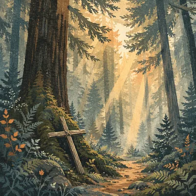 Golden Sunlight Over Evergreen Forest Cross