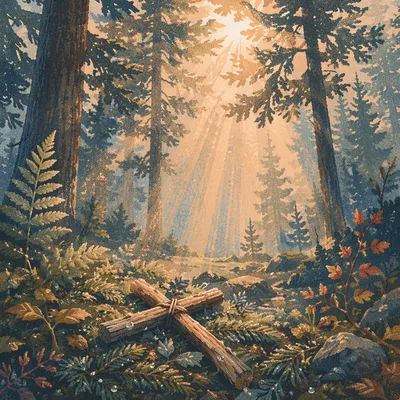 Sunlit Evergreen Forest Cross at Dawn