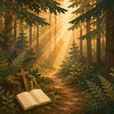 Morning Sunlight Through Evergreen Prayer Path