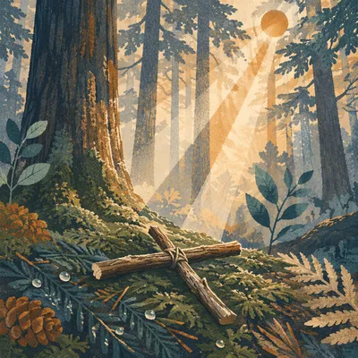 Morning Sunbeams Over Forest Twig Cross