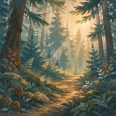 Sunlight Through Evergreen Forest Canopy