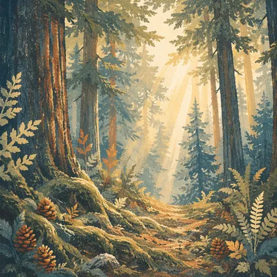 Morning Sunbeams Through Evergreen Forest Canopy
