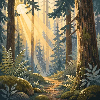 Golden Sunbeams in Evergreen Forest