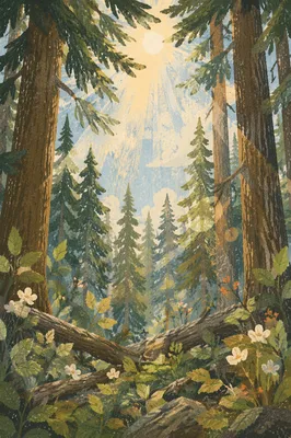 Sunlight Through Evergreen Forest Canopy