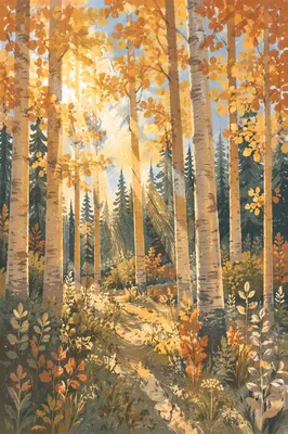 Morning Sunbeams Through Evergreen Aspen Forest