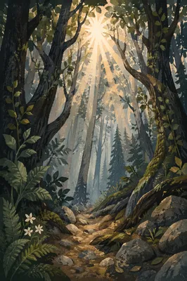 Morning Sunbeams Through Evergreen Forest Canopy