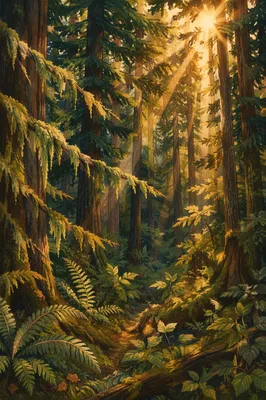 Sunlit Evergreen Forest Canopy Rays