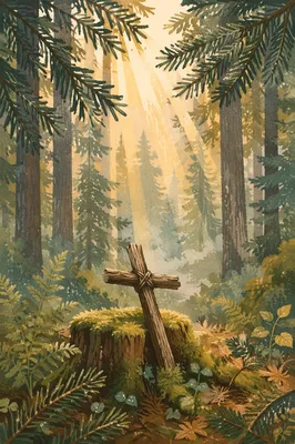 Golden Sunlight Over Forest Prayer Cross