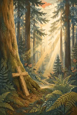 Sunlit Evergreen Forest Cross in Morning Mist