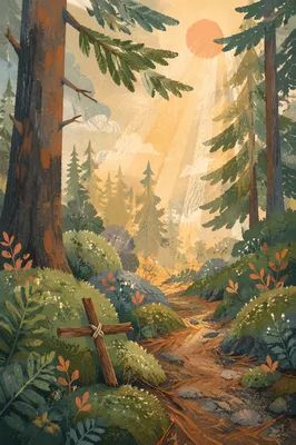 Golden Sunlight Through Evergreen Forest Cross