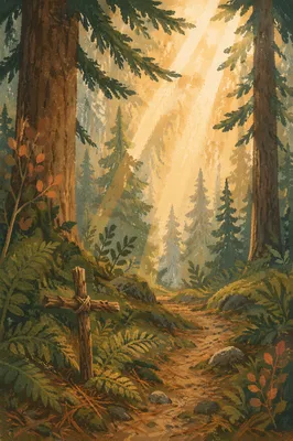 Golden Sunlight Through Evergreen Prayer Forest