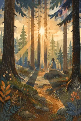 Golden Sunbeams Through Evergreen Forest Canopy