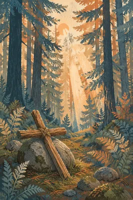 Sunlit Evergreen Forest Cross at Dawn