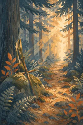 Morning Sunbeams Through Evergreen Prayer Path