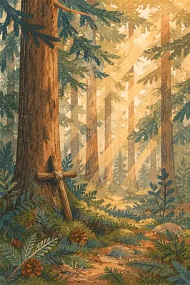 Sunlit Evergreen Forest Cross at Dawn