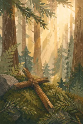 Sunlit Evergreen Forest Cross in Morning Mist