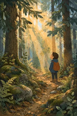 Golden Dawn Sunbeams in Evergreen Forest