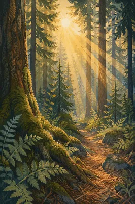 Sunlight Through Evergreen Forest Canopy