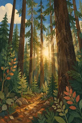 Golden Sunlight Through Evergreen Forest Canopy