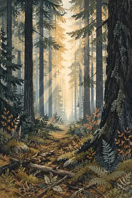 Sunlight Through Evergreen Forest Canopy
