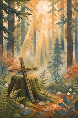 Golden Sunlight Through Evergreen Forest Cross
