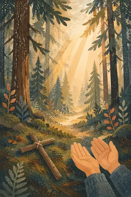 Golden Forest Prayer Under Evergreen Canopy