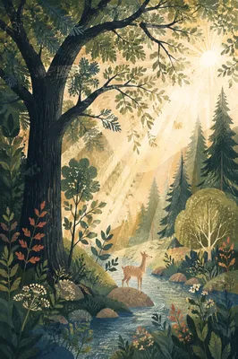 Sunlight Through Evergreen Forest Canopy