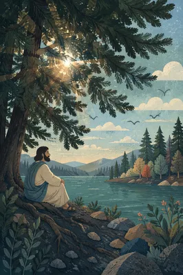 Sunlit Evergreen Canopy Over Quiet Lakeside