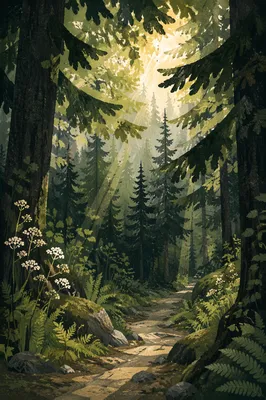 Sunlit Evergreen Canopy Over Woodland Path