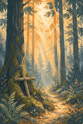Golden Sunlight Over Evergreen Forest Cross