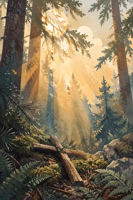 Golden Sunbeams Over Forest Branch Cross