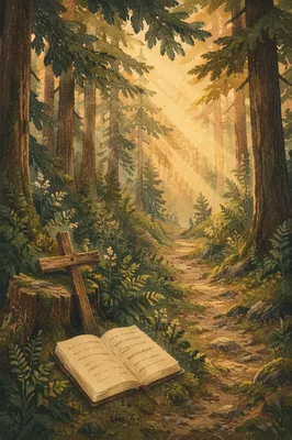 Golden Morning Prayer Path in Evergreen Forest