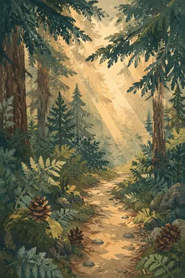 Sunlit Evergreen Forest Path of Reverence
