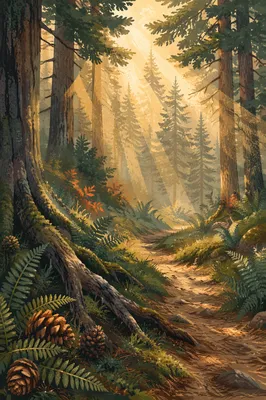 Morning Sunlight Through Evergreen Forest Canopy