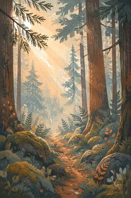 Golden Sunlight Through Evergreen Forest Canopy