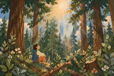 Sunlit Evergreen Forest With Spring Blossoms