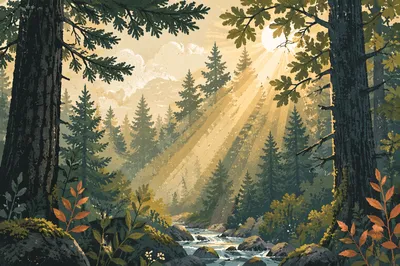 Morning Sunbeams Through Evergreen Forest Canopy