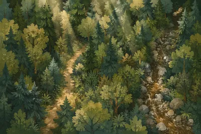 Sunlit Evergreen Canopy With Winding Stream