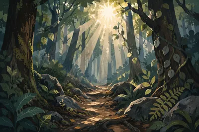 Morning Sunlight Through Evergreen Forest Canopy