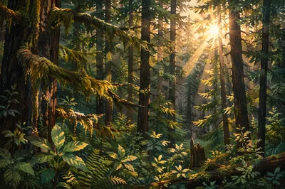 Sunlight Through Evergreen Forest Canopy