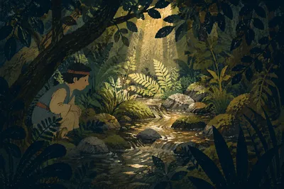 Sunlit Evergreen Stream in Quiet Forest