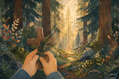Morning Sunlight Over Evergreen Forest Cross