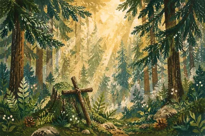 Golden Sunlight Through Evergreen Forest Cross
