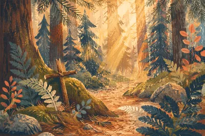 Sunlit Evergreen Forest Prayer Cross
