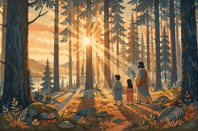 Sunlit Evergreen Forest Canopy at Golden Hour