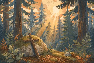 Sunlit Evergreen Forest Cross